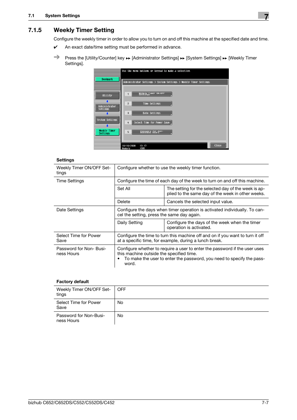 5 weekly timer setting, Weekly timer setting -7 | Konica Minolta BIZHUB C652DS User Manual | Page 155 / 307