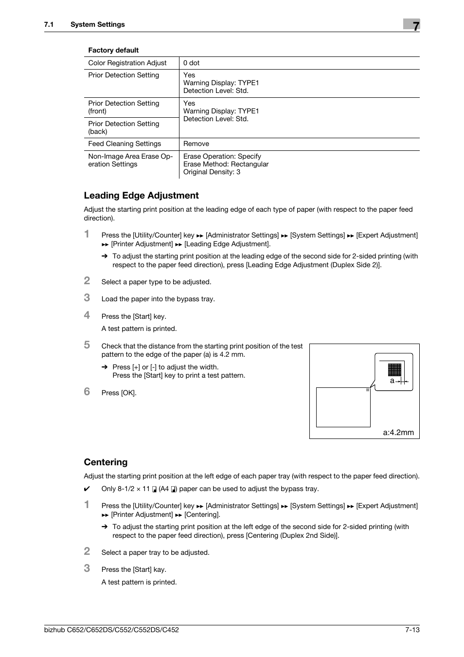 Leading edge adjustment, Centering, Leading edge adjustment -13 centering -13 | P. 7-13 | Konica Minolta BIZHUB C652DS User Manual | Page 161 / 307