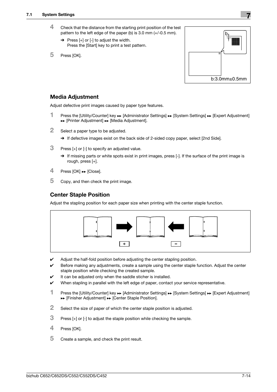 Media adjustment, Center staple position, Media adjustment -14 center staple position -14 | P. 7-14 | Konica Minolta BIZHUB C652DS User Manual | Page 162 / 307