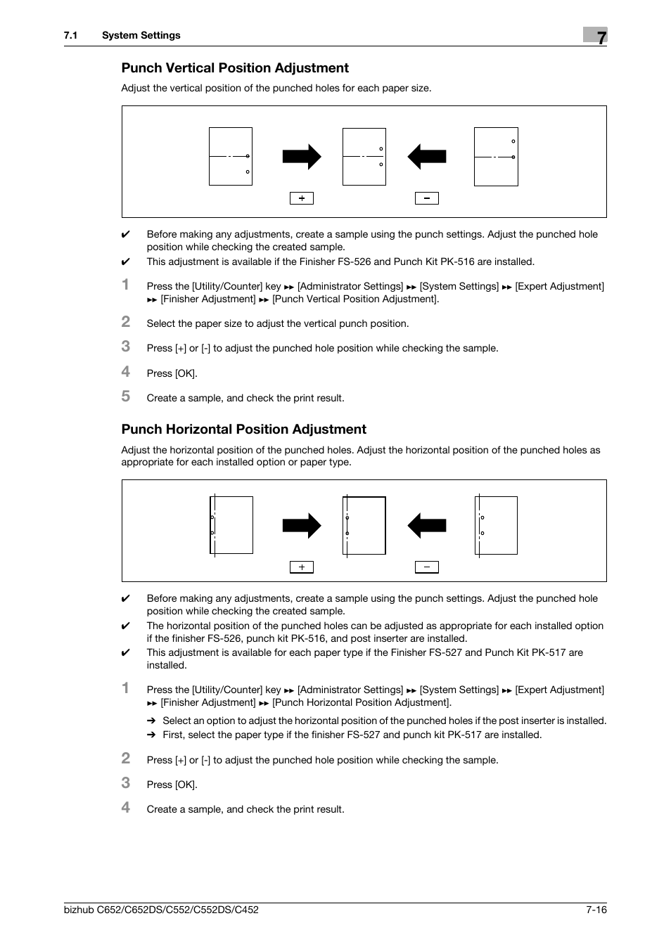 Punch vertical position adjustment, Punch horizontal position adjustment, P. 7-16 | Konica Minolta BIZHUB C652DS User Manual | Page 164 / 307