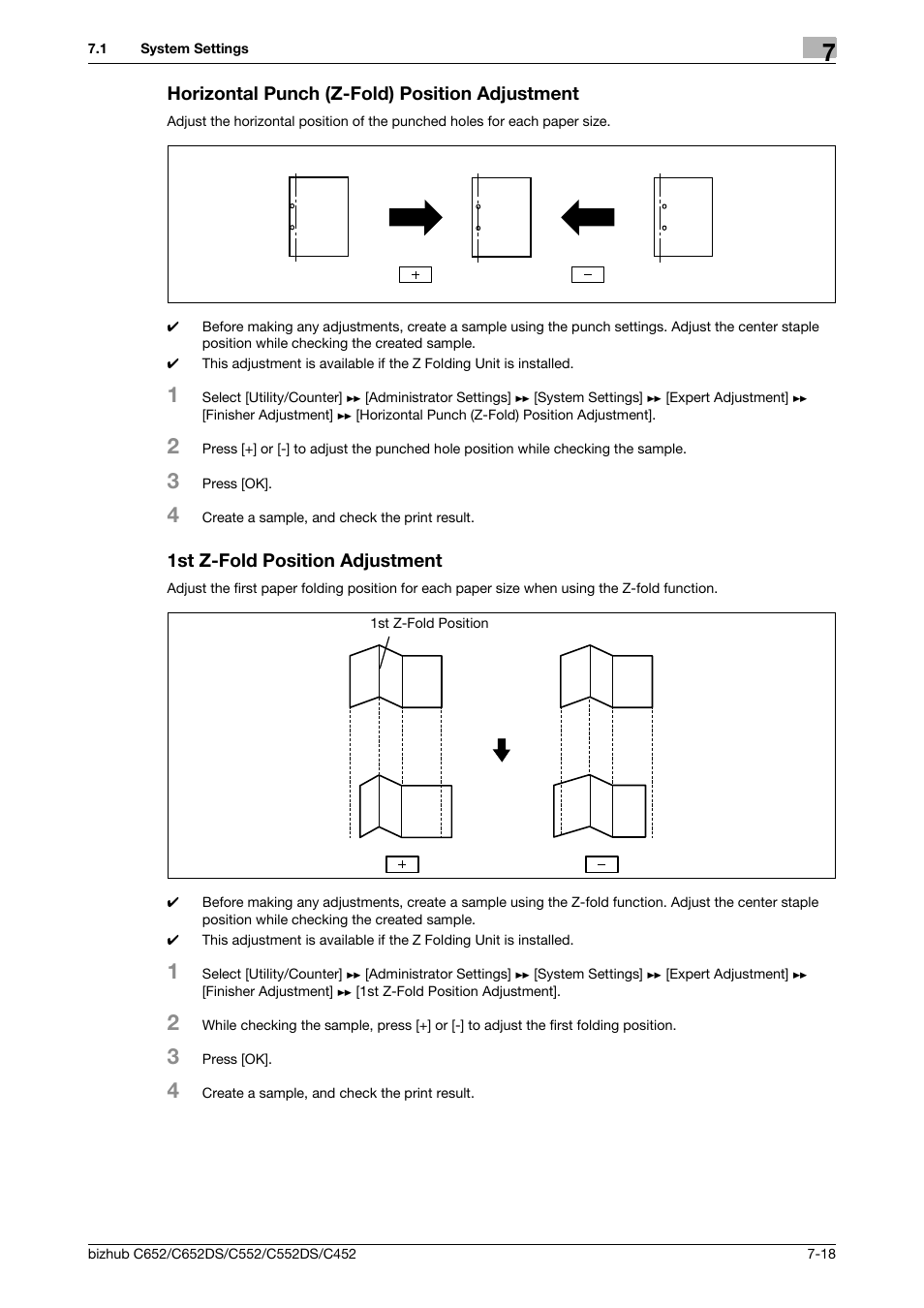 Horizontal punch (z-fold) position adjustment, 1st z-fold position adjustment, P. 7-18 | Konica Minolta BIZHUB C652DS User Manual | Page 166 / 307