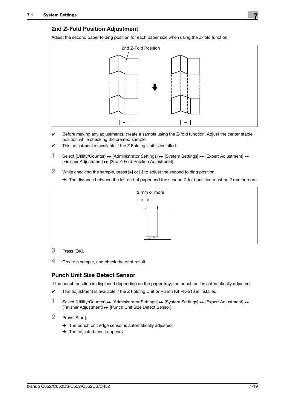 2nd z-fold position adjustment, Punch unit size detect sensor, P. 7-19 | Konica Minolta BIZHUB C652DS User Manual | Page 167 / 307