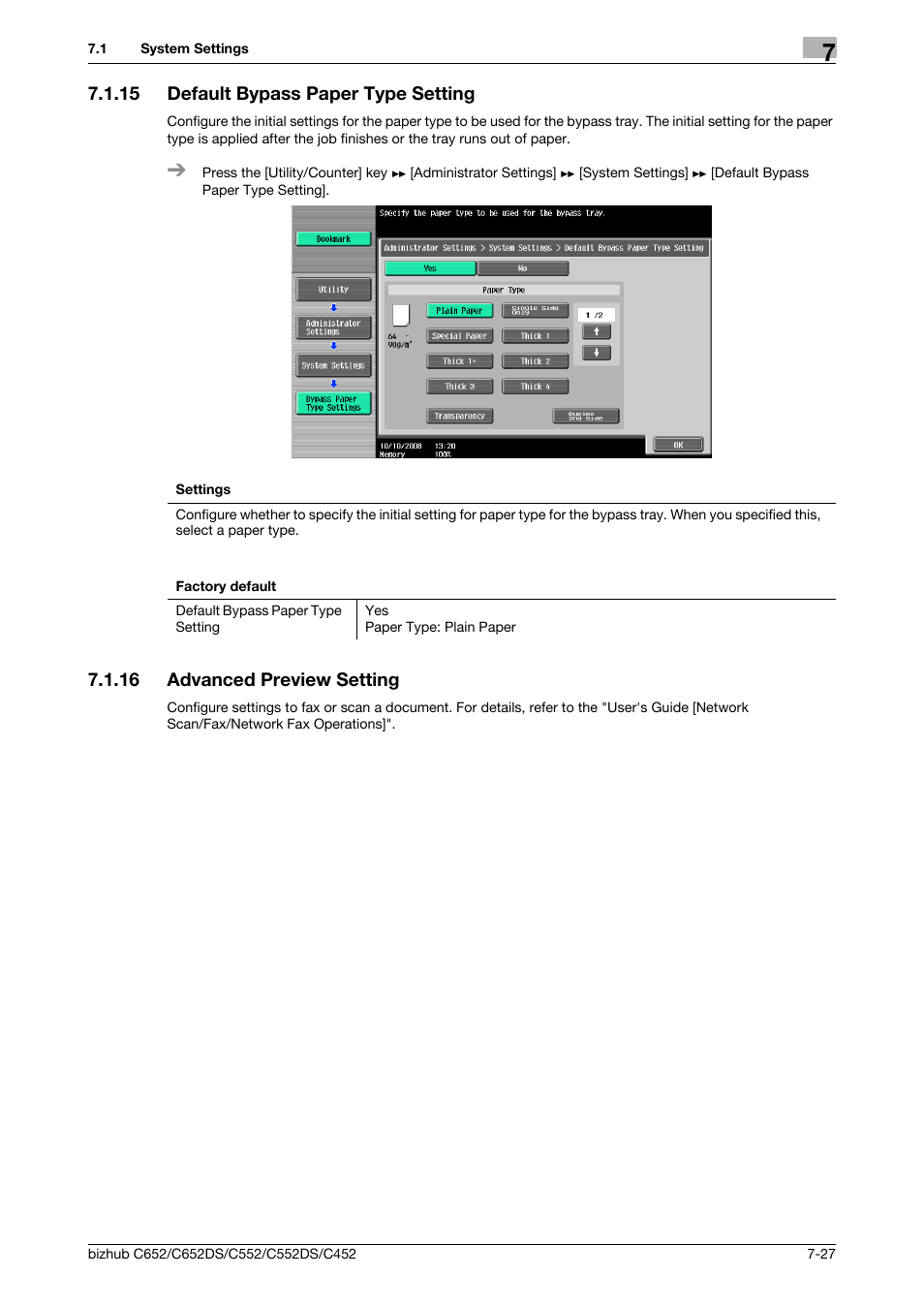 15 default bypass paper type setting, 16 advanced preview setting, Default bypass paper type setting -27 | Advanced preview setting -27 | Konica Minolta BIZHUB C652DS User Manual | Page 175 / 307