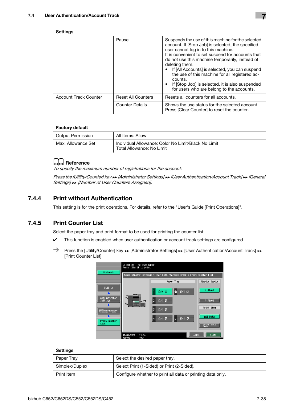 4 print without authentication, 5 print counter list, Print without authentication -38 | Print counter list -38 | Konica Minolta BIZHUB C652DS User Manual | Page 186 / 307