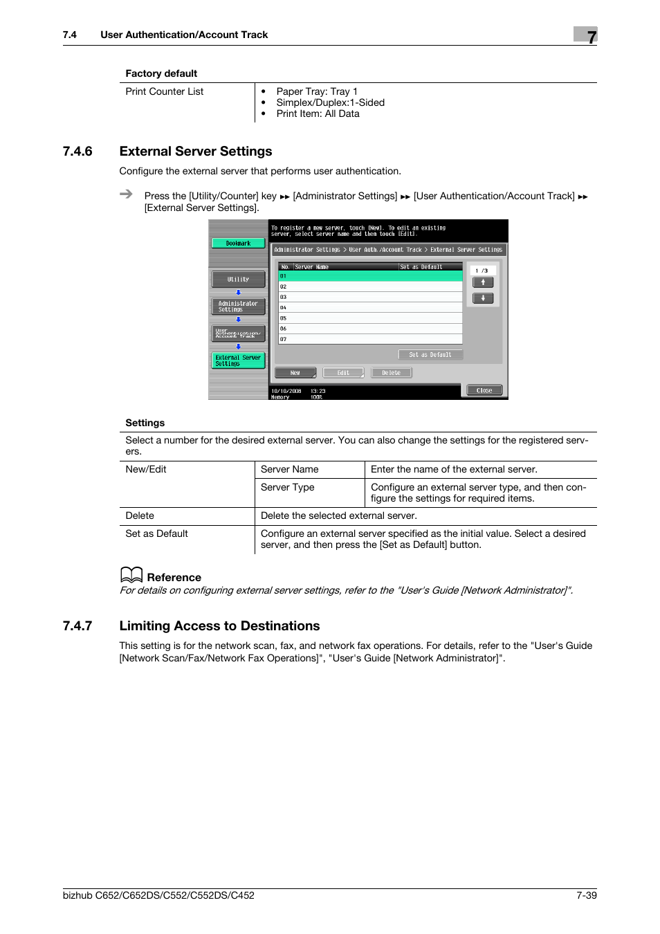 6 external server settings, 7 limiting access to destinations, External server settings -39 | Limiting access to destinations -39 | Konica Minolta BIZHUB C652DS User Manual | Page 187 / 307