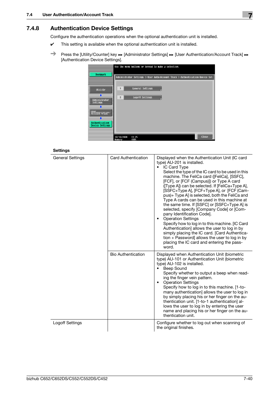 8 authentication device settings, Authentication device settings -40 | Konica Minolta BIZHUB C652DS User Manual | Page 188 / 307