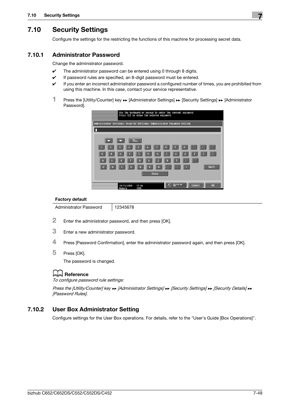 10 security settings, 1 administrator password, 2 user box administrator setting | Security settings -49, Administrator password -49, User box administrator setting -49 | Konica Minolta BIZHUB C652DS User Manual | Page 197 / 307