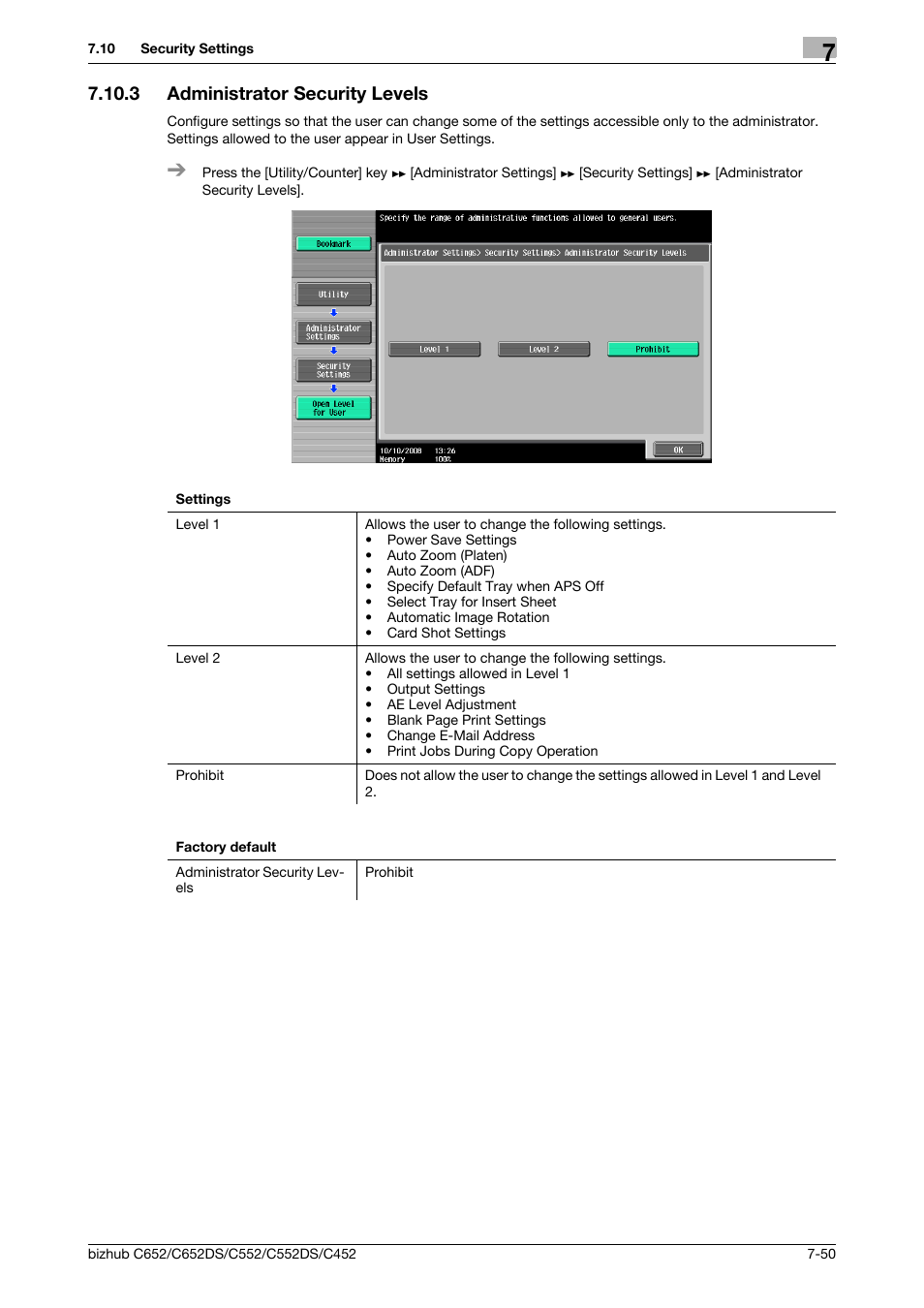 3 administrator security levels, Administrator security levels -50 | Konica Minolta BIZHUB C652DS User Manual | Page 198 / 307