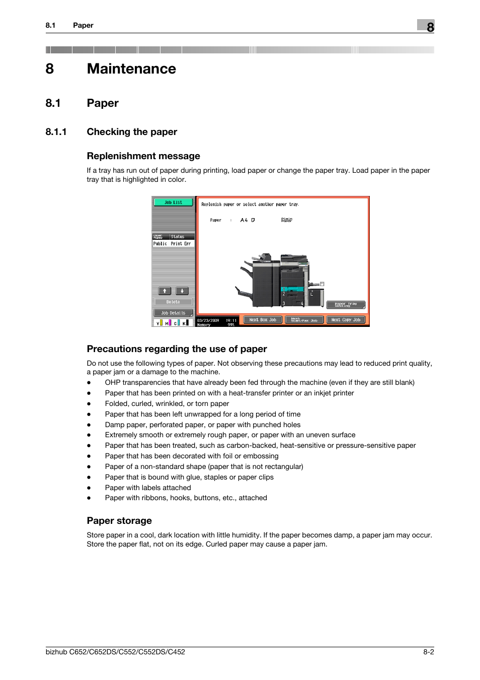 8 maintenance, 1 paper, 1 checking the paper | Replenishment message, Precautions regarding the use of paper, Paper storage, Maintenance, Paper -2, 8maintenance | Konica Minolta BIZHUB C652DS User Manual | Page 209 / 307