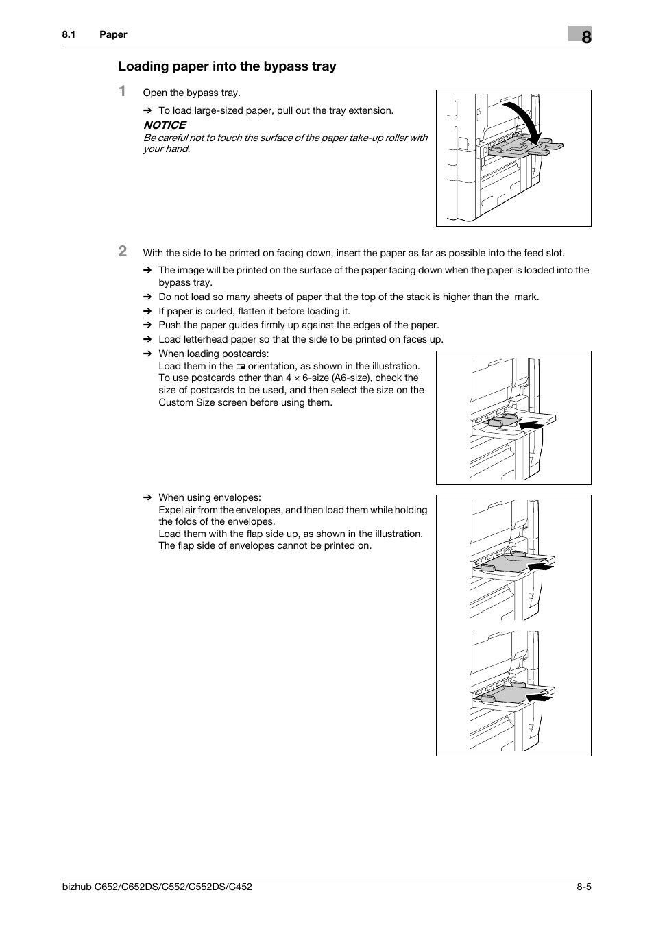 Loading paper into the bypass tray, Loading paper into the bypass tray -5 | Konica Minolta BIZHUB C652DS User Manual | Page 212 / 307