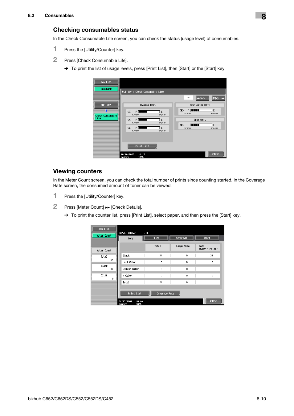 Checking consumables status, Viewing counters | Konica Minolta BIZHUB C652DS User Manual | Page 217 / 307