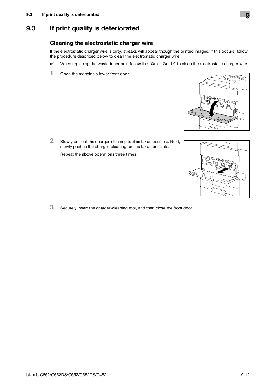 3 if print quality is deteriorated, Cleaning the electrostatic charger wire, P. 9-12) | Konica Minolta BIZHUB C652DS User Manual | Page 233 / 307