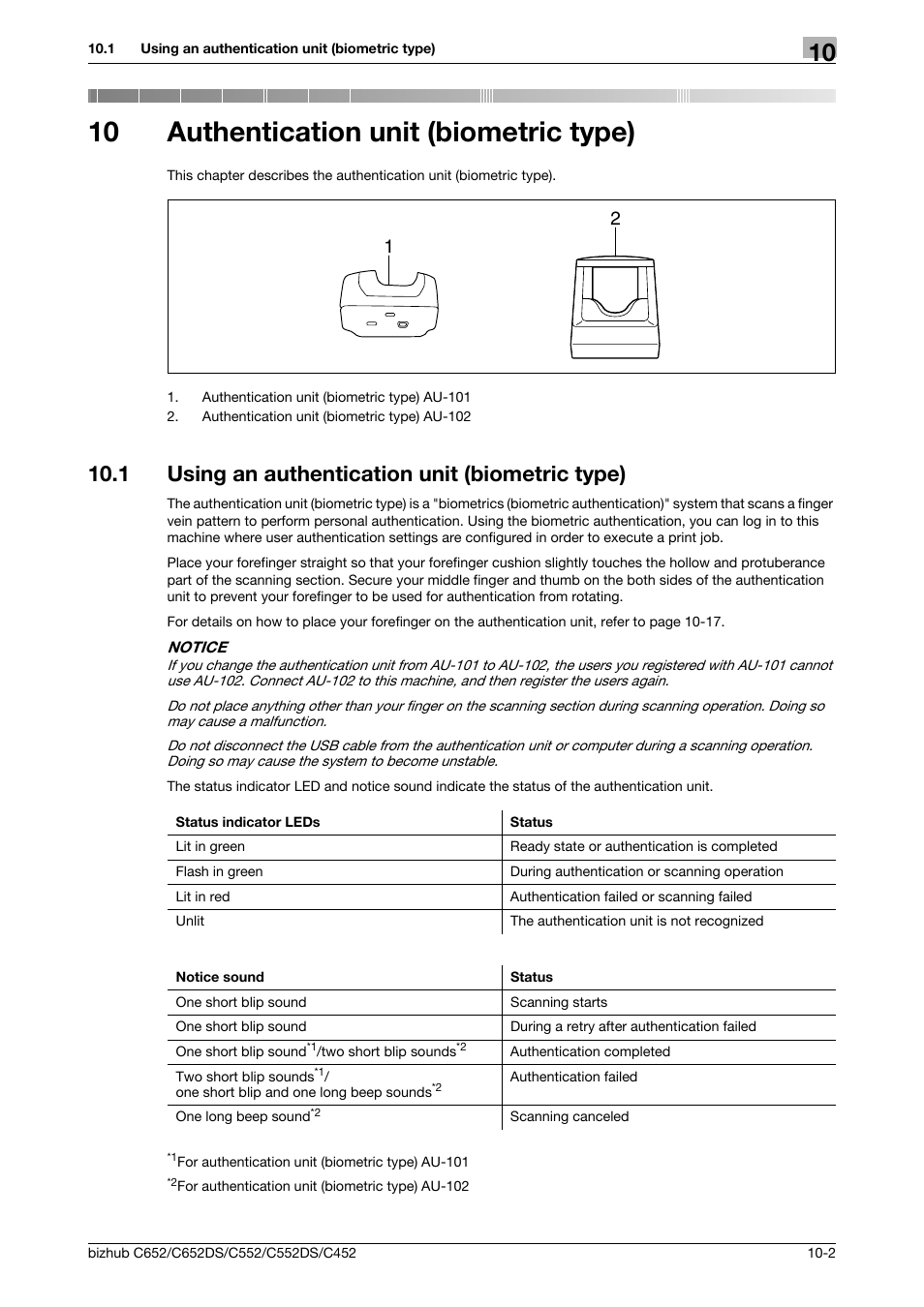 10 authentication unit (biometric type), 1 using an authentication unit (biometric type), Authentication unit (biometric type) | Using an authentication unit (biometric type) -2, P. 10-2) (p, P. 10-2) | Konica Minolta BIZHUB C652DS User Manual | Page 237 / 307