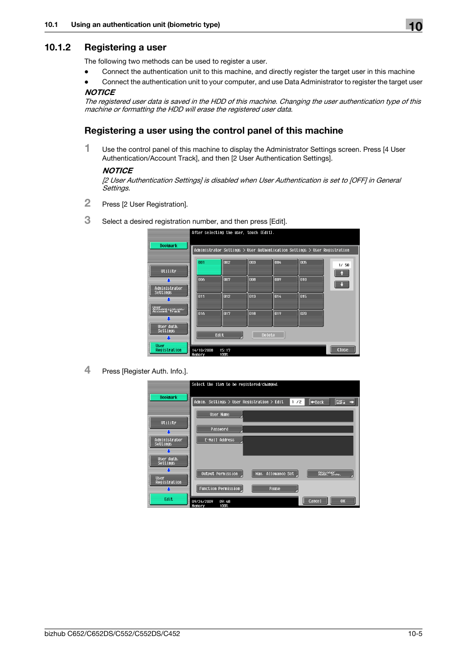 2 registering a user | Konica Minolta BIZHUB C652DS User Manual | Page 240 / 307