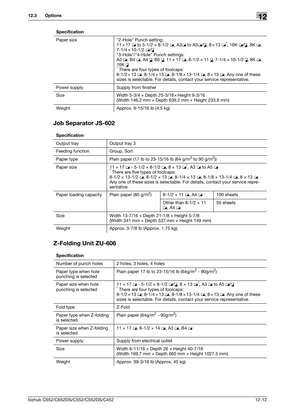 Job separator js-602, Z-folding unit zu-606, Job separator js-602 -12 z-folding unit zu-606 -12 | Konica Minolta BIZHUB C652DS User Manual | Page 281 / 307