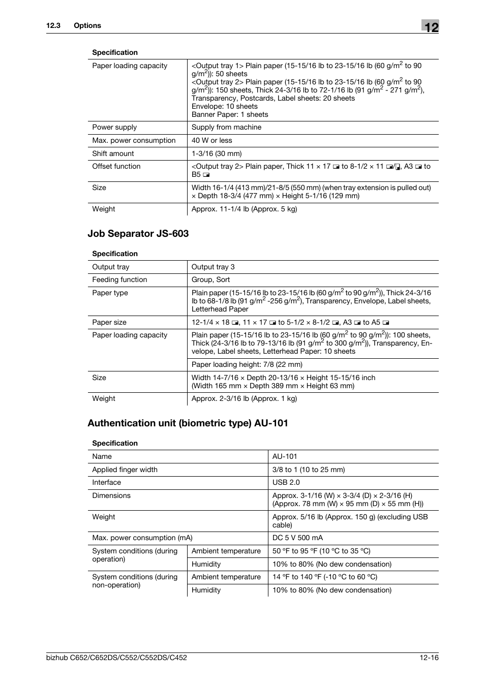 Job separator js-603, Authentication unit (biometric type) au-101 | Konica Minolta BIZHUB C652DS User Manual | Page 285 / 307