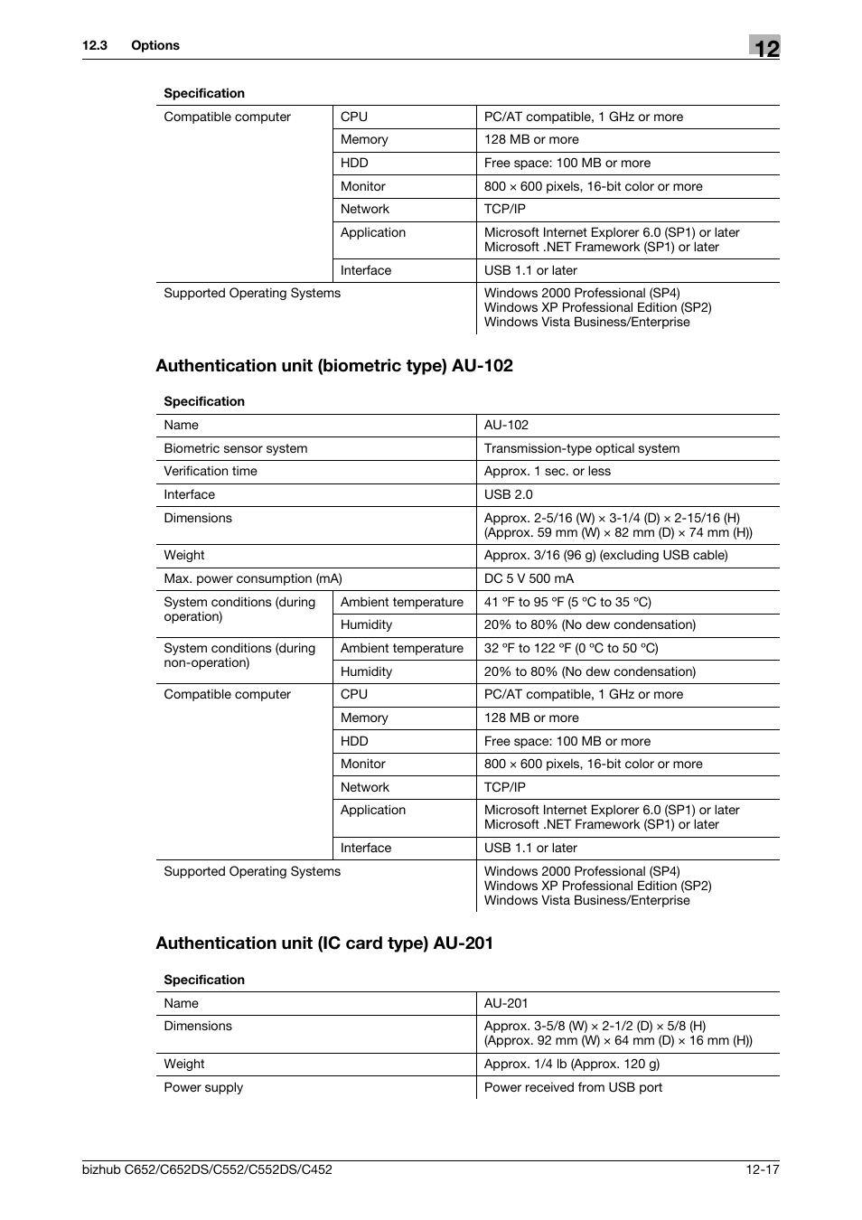 Authentication unit (biometric type) au-102, Authentication unit (ic card type) au-201 | Konica Minolta BIZHUB C652DS User Manual | Page 286 / 307