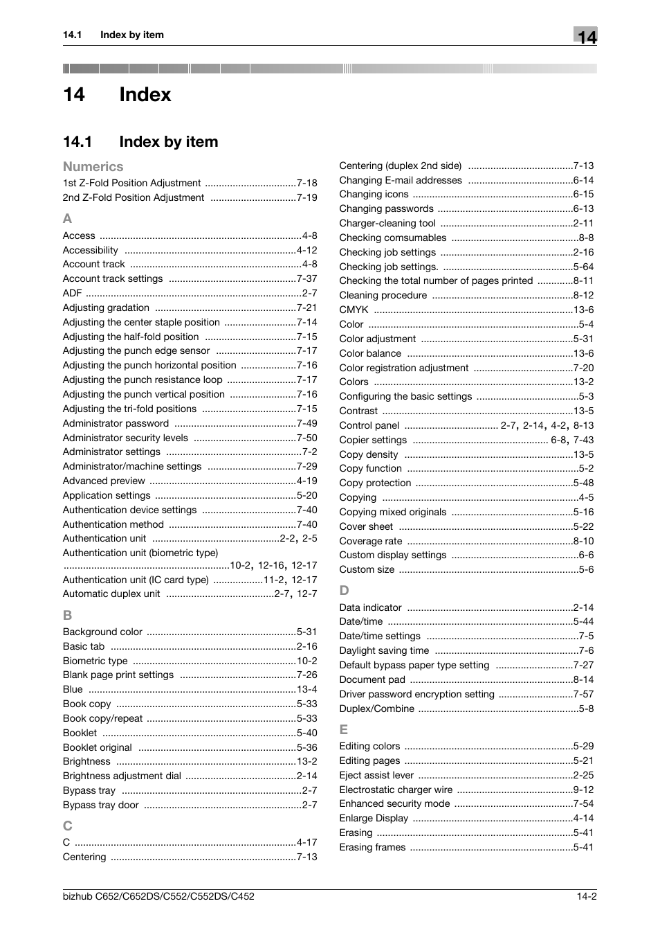 14 index, 1 index by item, A to e | Index, Index by item -2 | Konica Minolta BIZHUB C652DS User Manual | Page 298 / 307