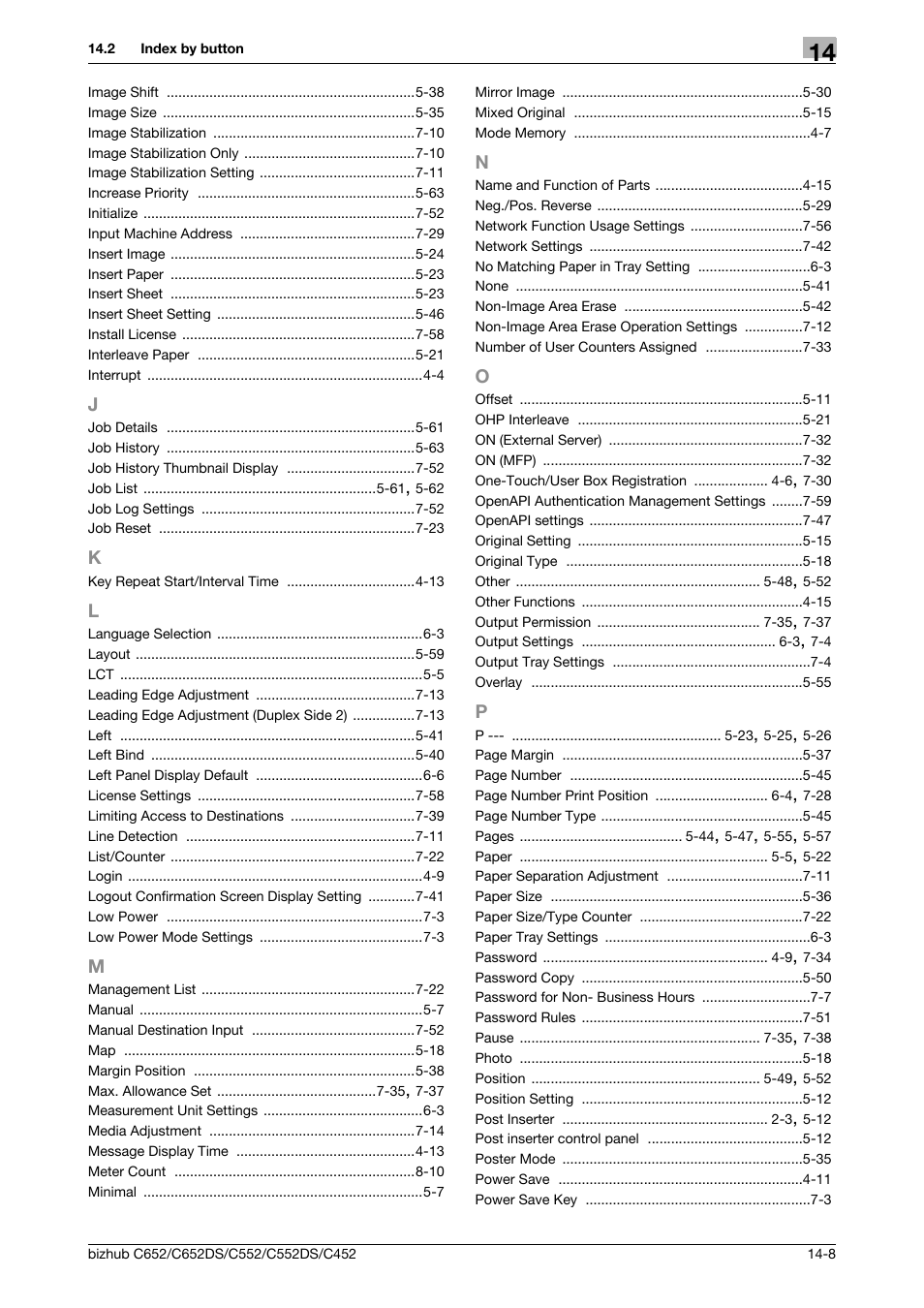 J to p | Konica Minolta BIZHUB C652DS User Manual | Page 304 / 307