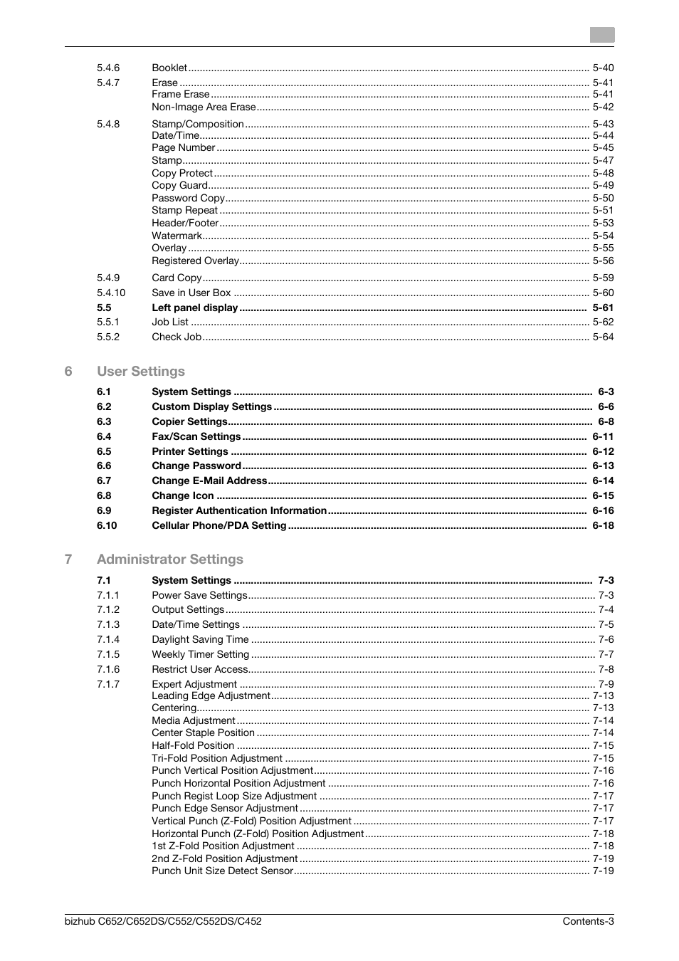 6user settings, 7administrator settings | Konica Minolta BIZHUB C652DS User Manual | Page 4 / 307