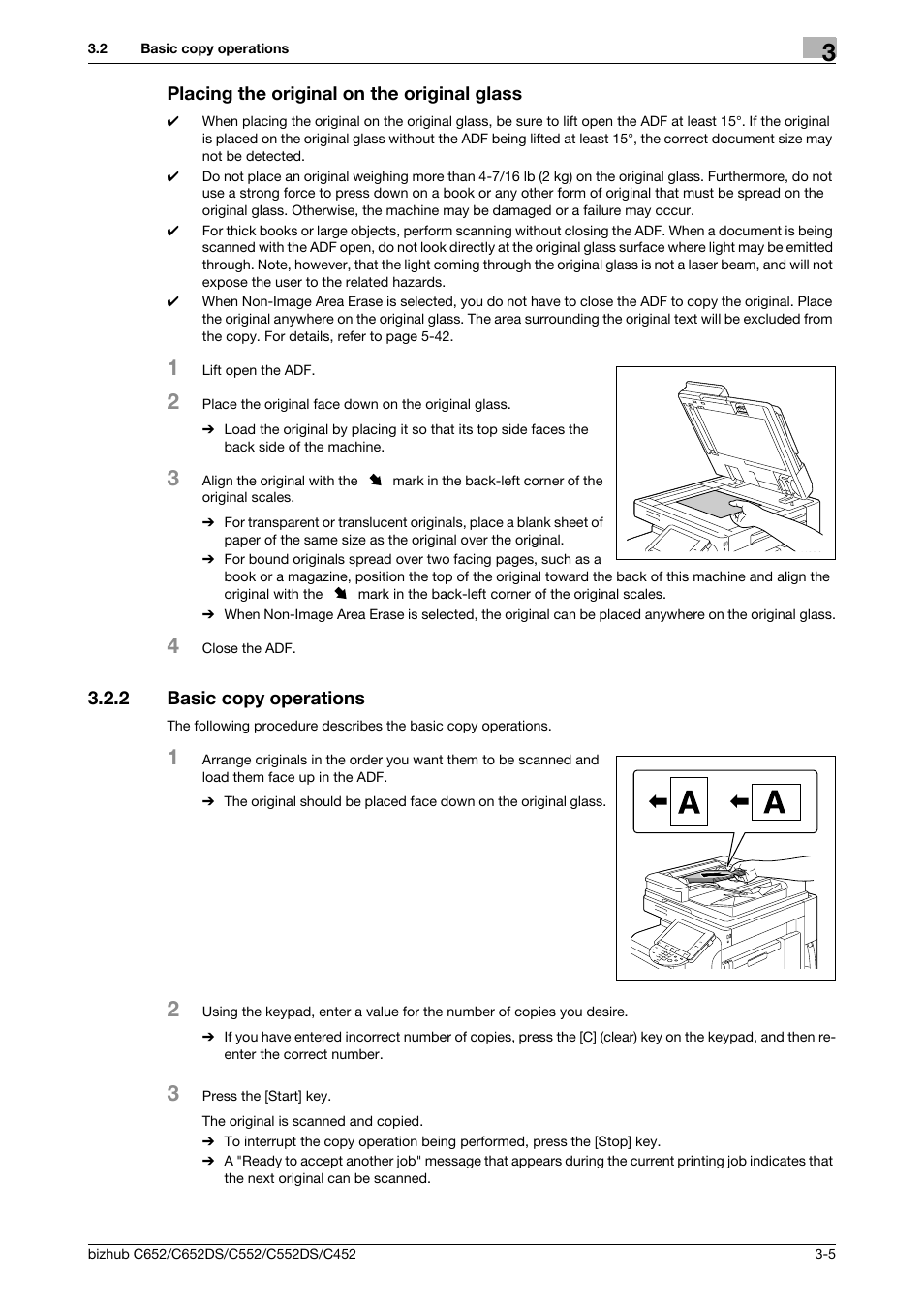 Placing the original on the original glass, 2 basic copy operations, Placing the original on the original glass -5 | Basic copy operations -5 | Konica Minolta BIZHUB C652DS User Manual | Page 43 / 307