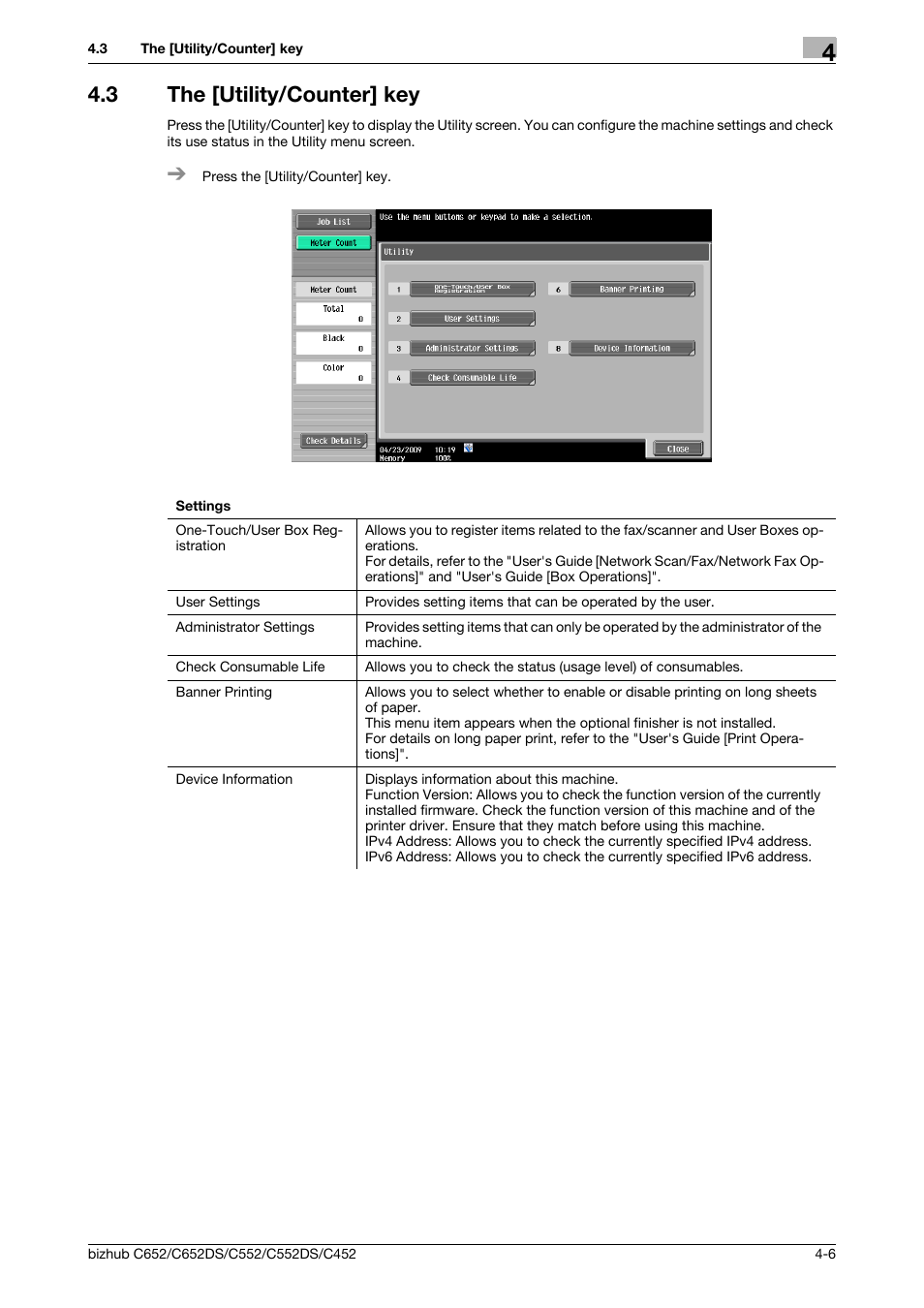 3 the [utility/counter] key, The [utility/counter] key -6, P. 4-6 | Konica Minolta BIZHUB C652DS User Manual | Page 52 / 307