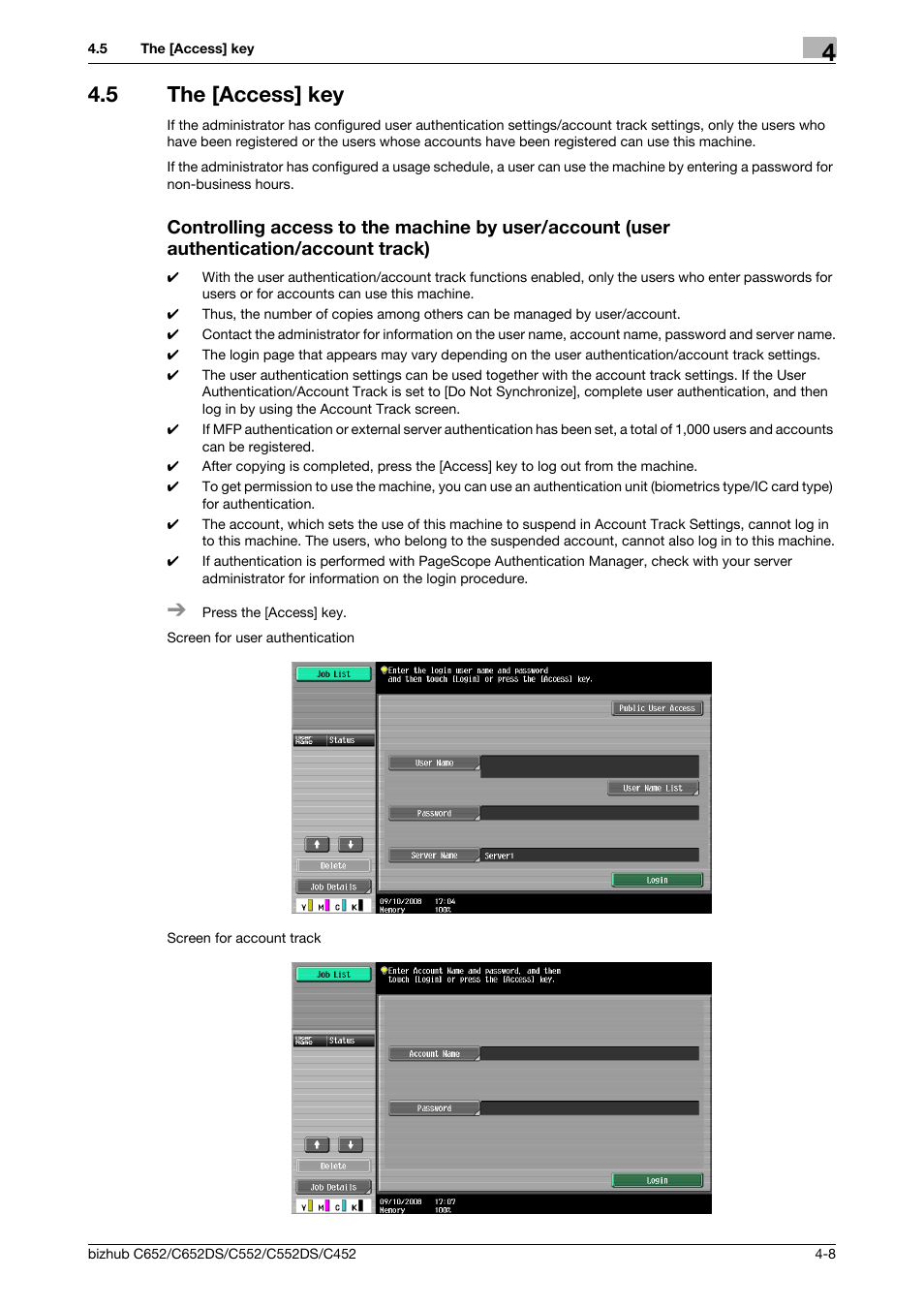 5 the [access] key, P. 4-8 | Konica Minolta BIZHUB C652DS User Manual | Page 54 / 307