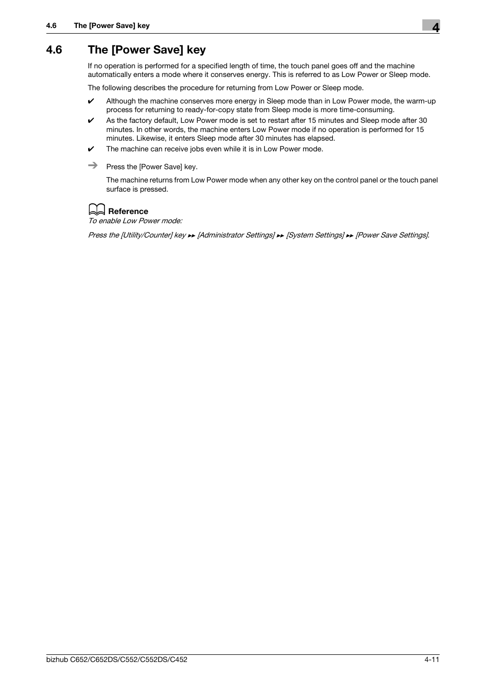 6 the [power save] key, The [power save] key -11, P. 4-11 | Konica Minolta BIZHUB C652DS User Manual | Page 57 / 307