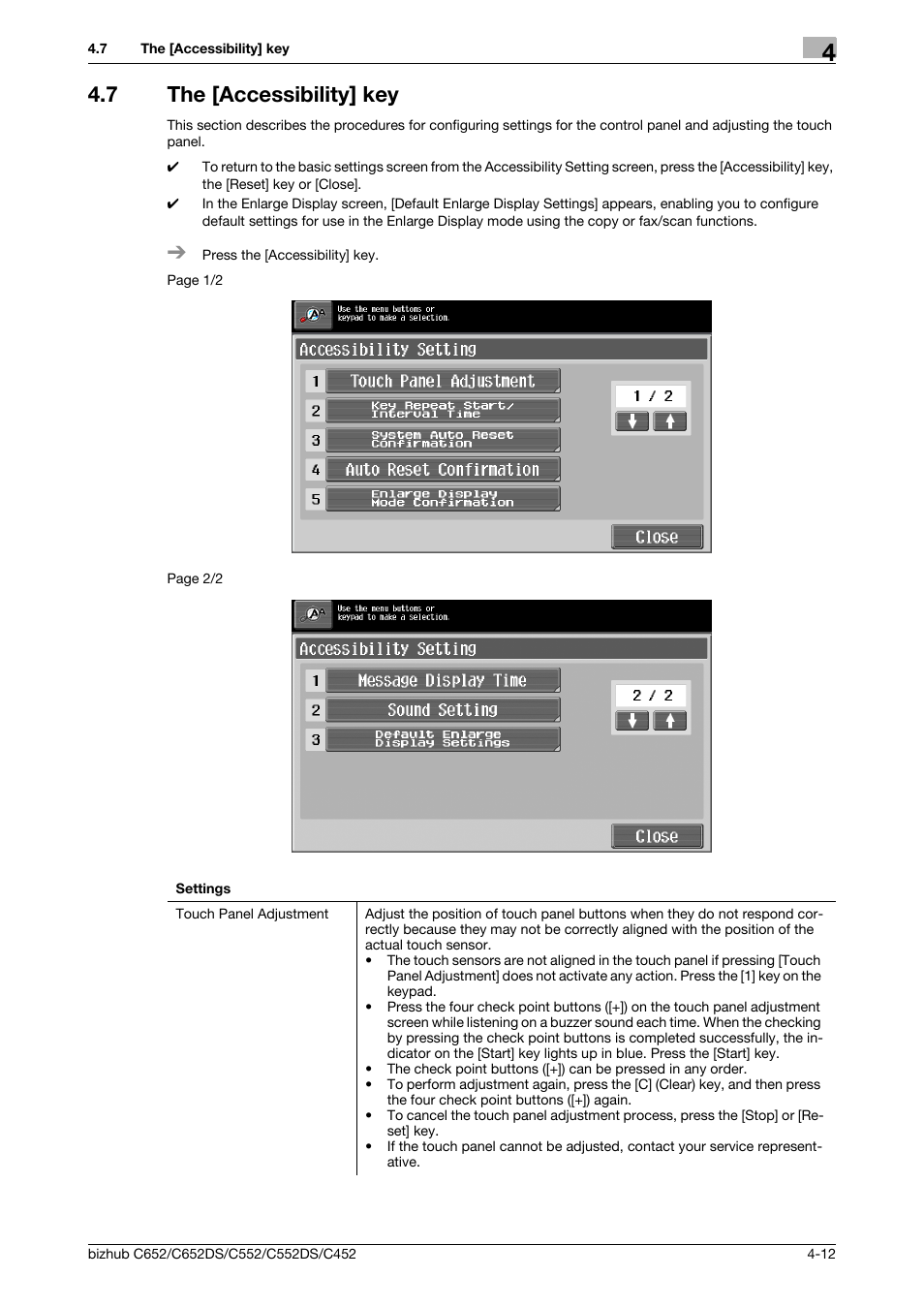 7 the [accessibility] key, The [accessibility] key -12, P. 4-12 | Konica Minolta BIZHUB C652DS User Manual | Page 58 / 307