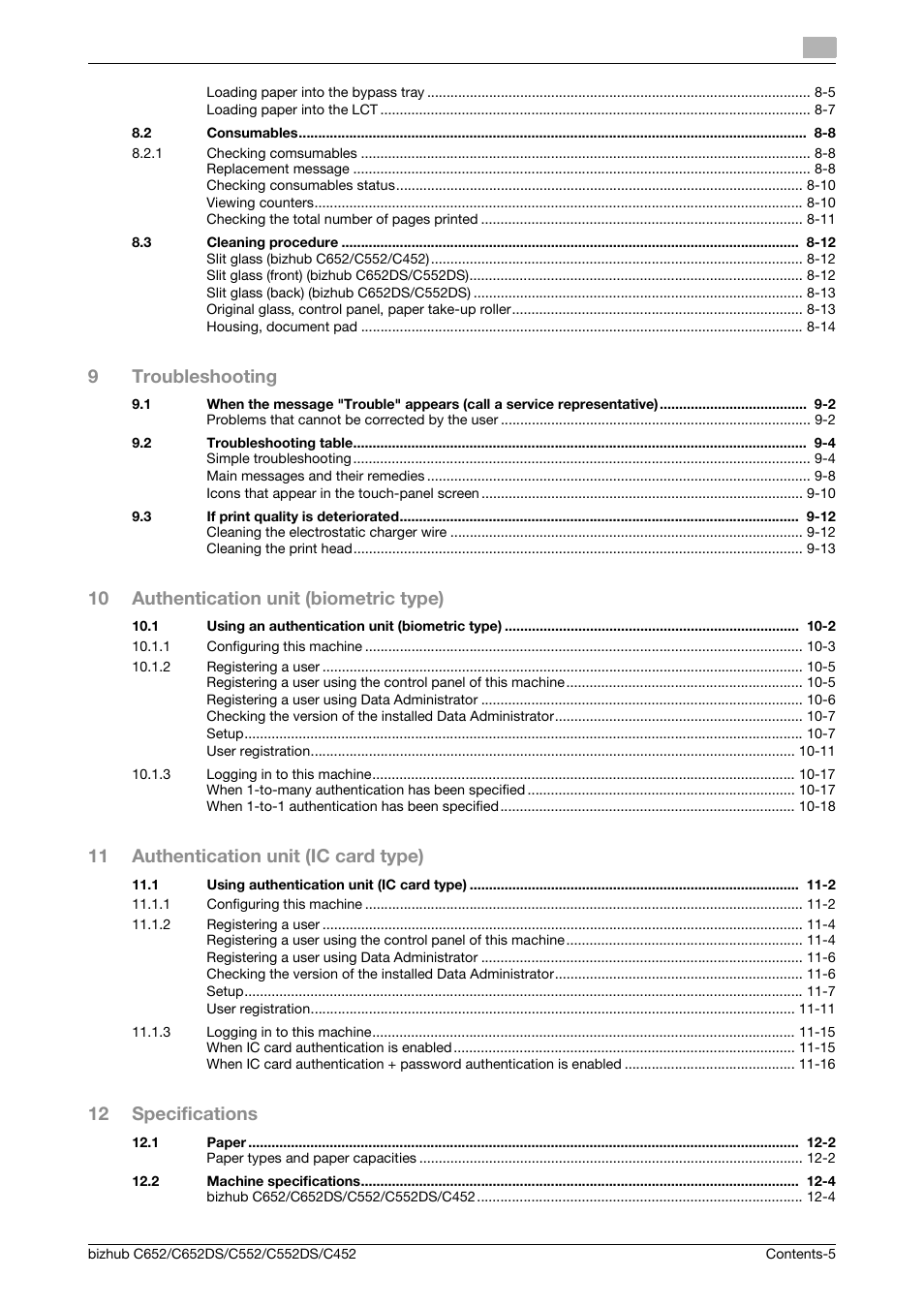 9troubleshooting, 10 authentication unit (biometric type), 11 authentication unit (ic card type) | 12 specifications | Konica Minolta BIZHUB C652DS User Manual | Page 6 / 307