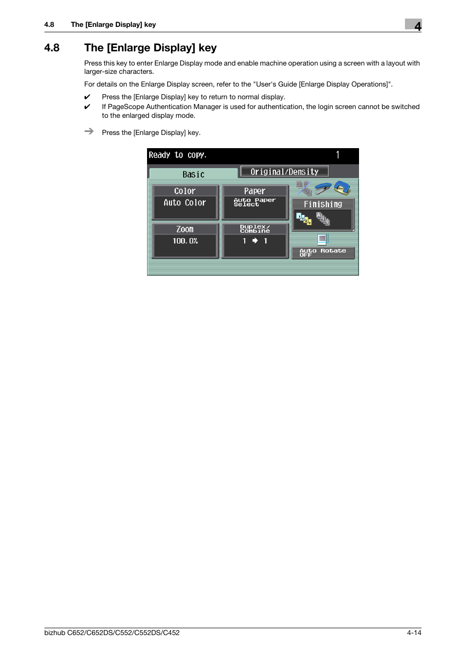 8 the [enlarge display] key, The [enlarge display] key -14, P. 4-14 | Konica Minolta BIZHUB C652DS User Manual | Page 60 / 307