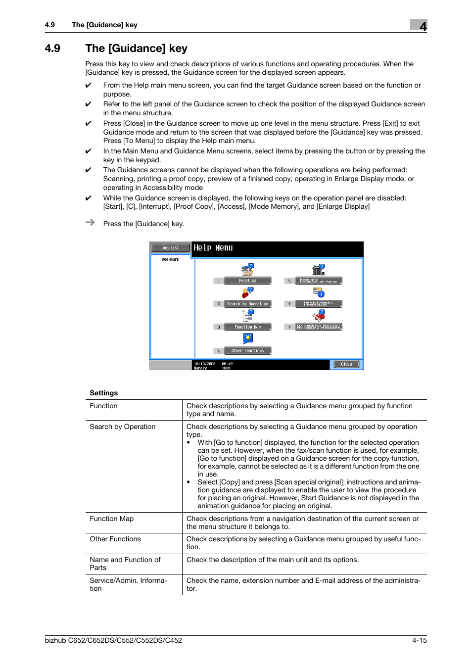 9 the [guidance] key, The [guidance] key -15, P. 4-15 | Konica Minolta BIZHUB C652DS User Manual | Page 61 / 307