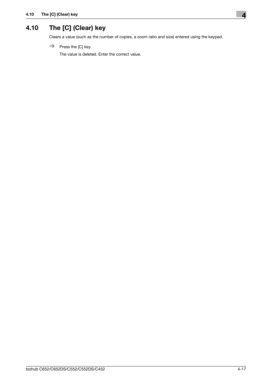 10 the [c] (clear) key, The [c] (clear) key -17, P. 4-17 | Konica Minolta BIZHUB C652DS User Manual | Page 63 / 307