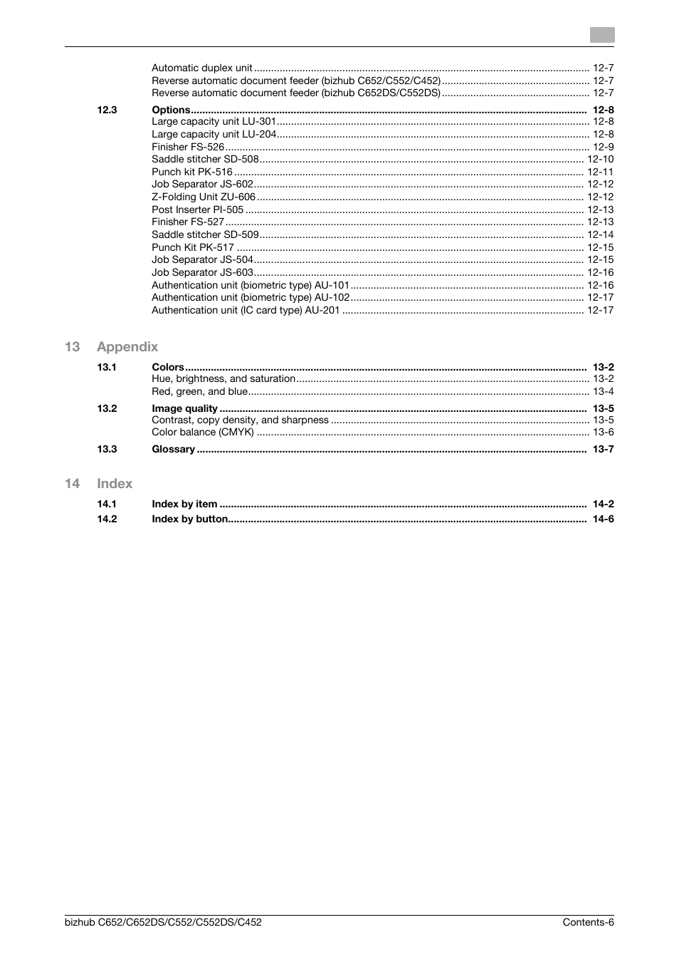 13 appendix, 14 index | Konica Minolta BIZHUB C652DS User Manual | Page 7 / 307