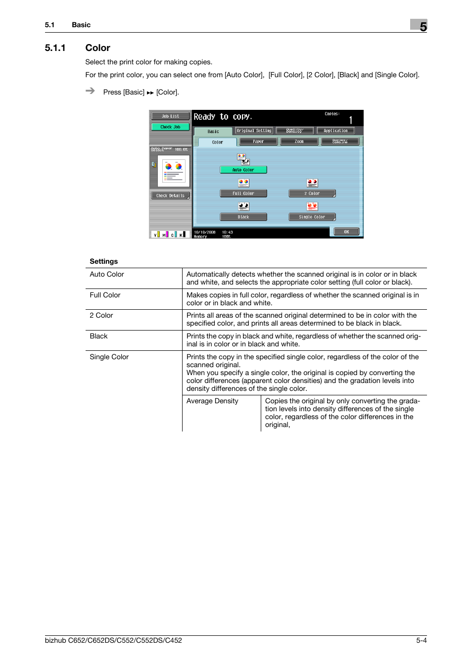 1 color, Color -4, P. 5-4 | Konica Minolta BIZHUB C652DS User Manual | Page 70 / 307