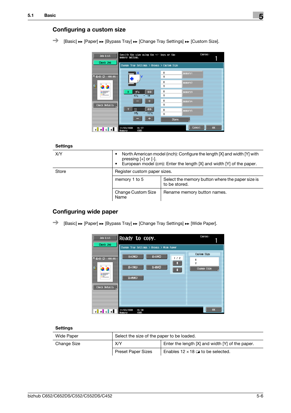 Configuring a custom size, Configuring wide paper | Konica Minolta BIZHUB C652DS User Manual | Page 72 / 307