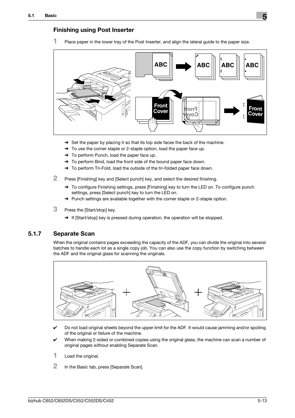 Finishing using post inserter, 7 separate scan, Finishing using post inserter -13 | Separate scan -13, P. 5-13 | Konica Minolta BIZHUB C652DS User Manual | Page 79 / 307