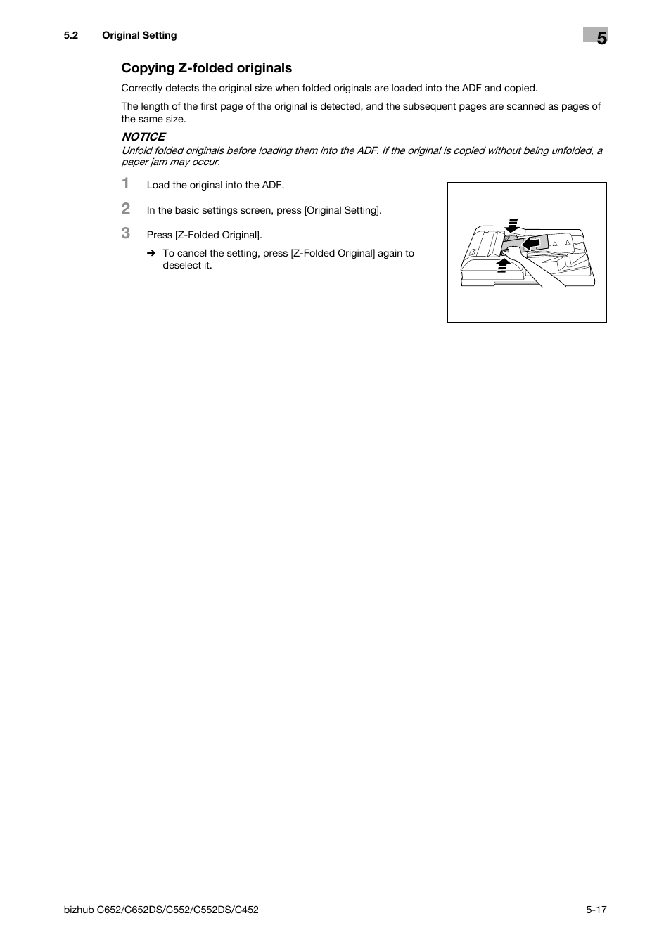 Copying z-folded originals, Copying z-folded originals -17 | Konica Minolta BIZHUB C652DS User Manual | Page 83 / 307