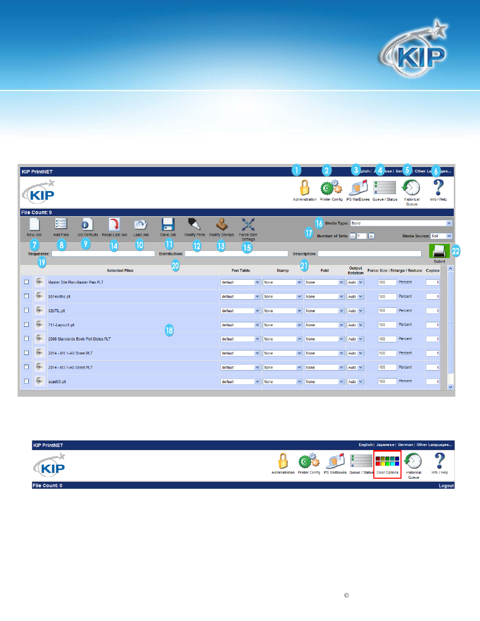 Main screen, Kip printnet | Konica Minolta KIP 7100 User Manual | Page 10 / 54