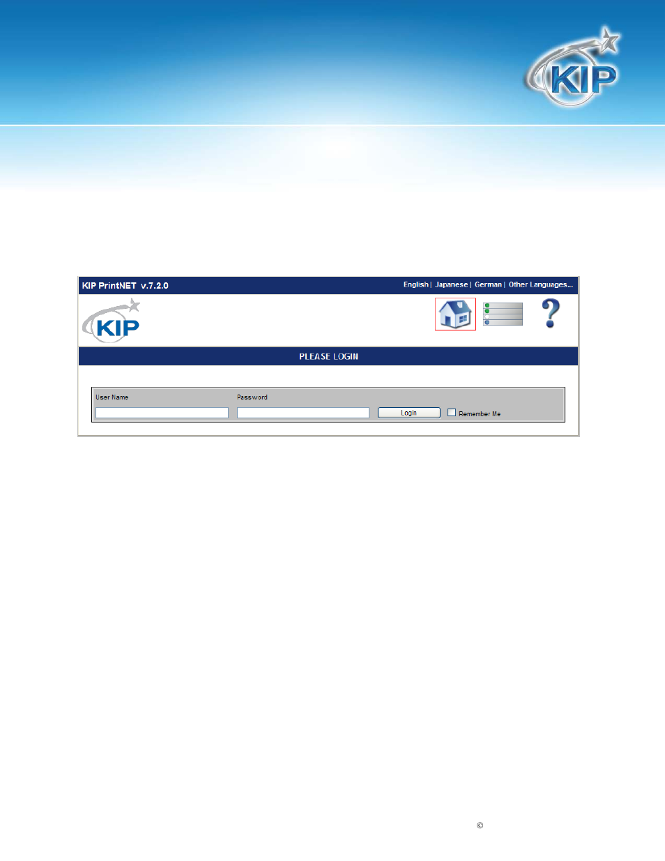 Key functions, User login, Administration | Printer configuration, Ips mailbox management, Kip printnet | Konica Minolta KIP 7100 User Manual | Page 12 / 54