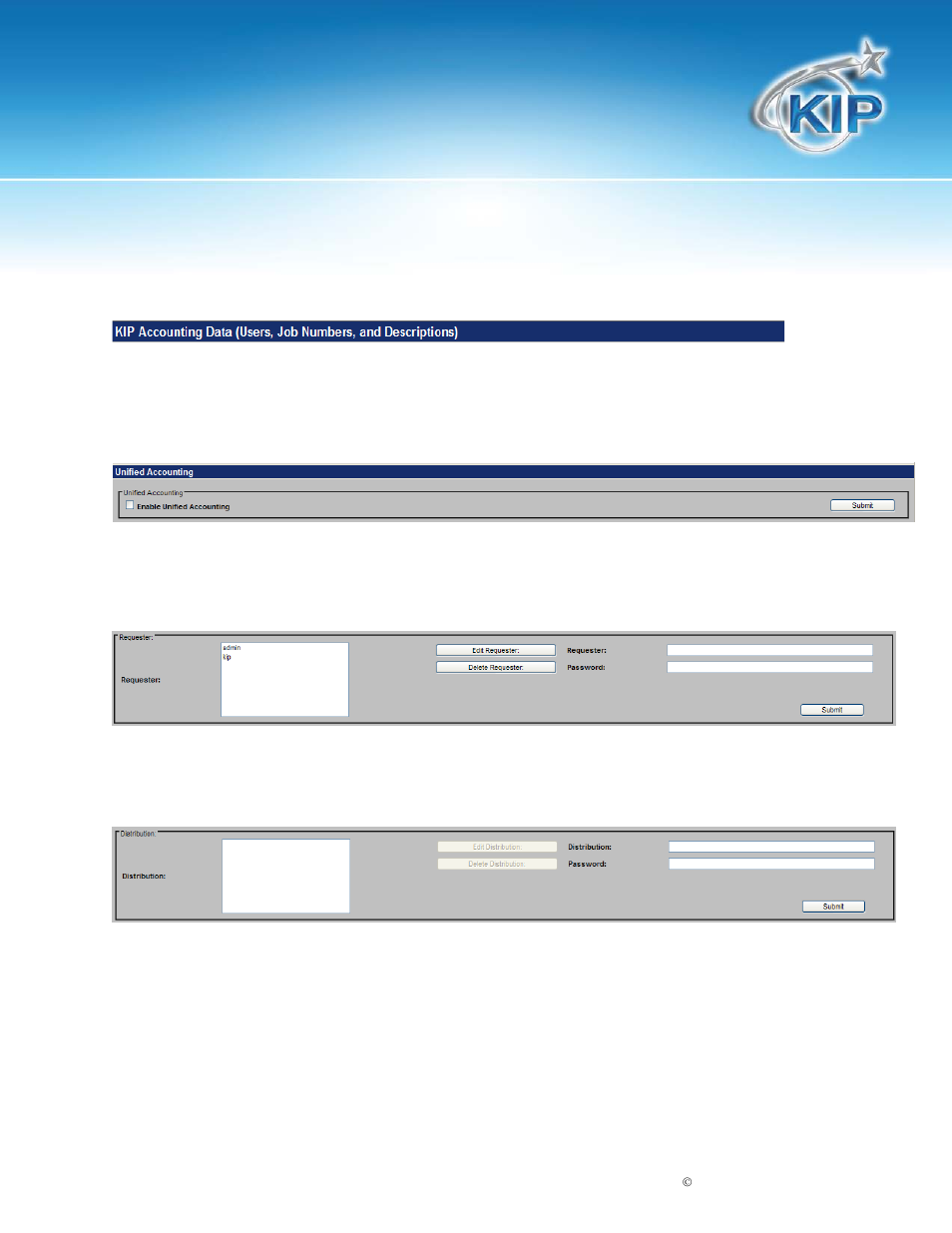 Job accounting – unified accounting, Unified accounting, Users/requesters | Job number, Kip printnet | Konica Minolta KIP 7100 User Manual | Page 32 / 54