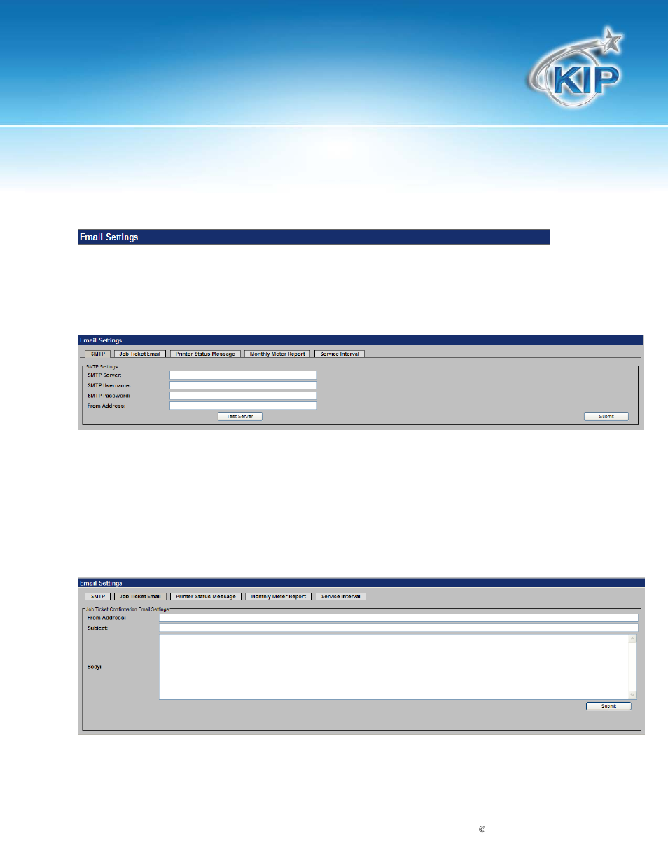 Email settings, Smtp configuration, Job ticket e-mail | Kip printnet | Konica Minolta KIP 7100 User Manual | Page 34 / 54