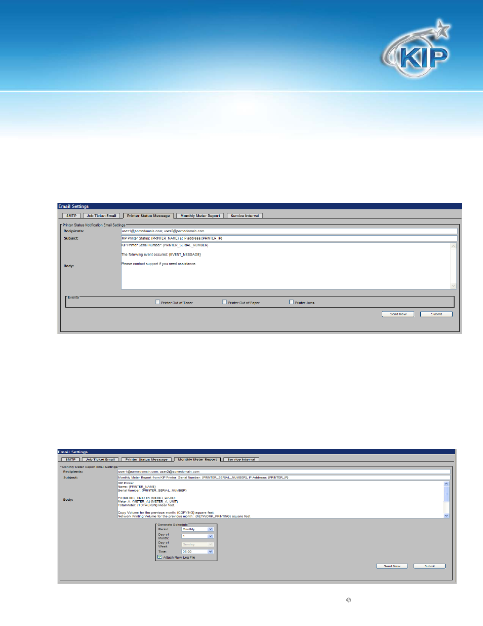 Printer status message, Monthly meter report, Kip printnet | Konica Minolta KIP 7100 User Manual | Page 35 / 54