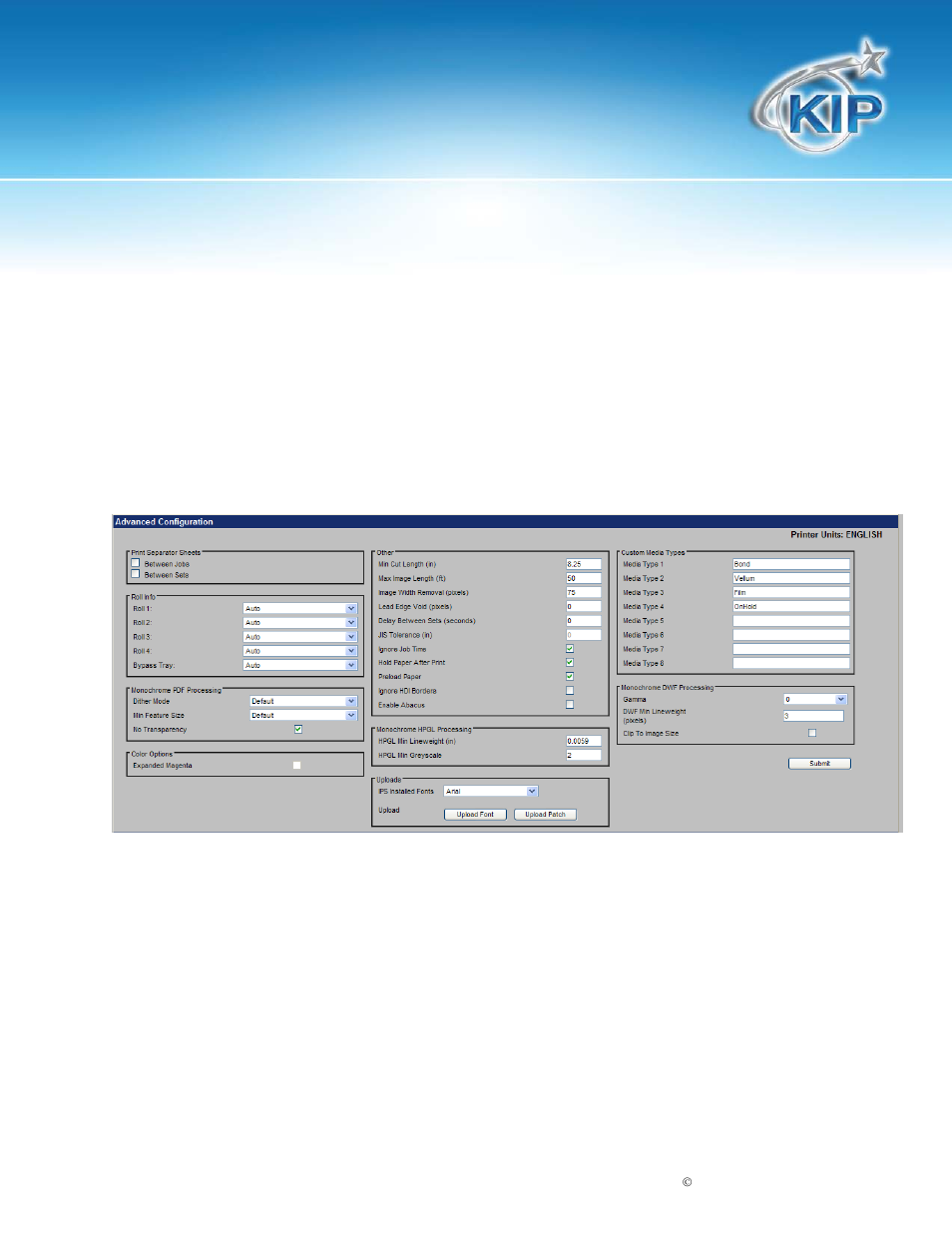 Wire cleaning, Advanced configuration, Kip printnet | Konica Minolta KIP 7100 User Manual | Page 38 / 54
