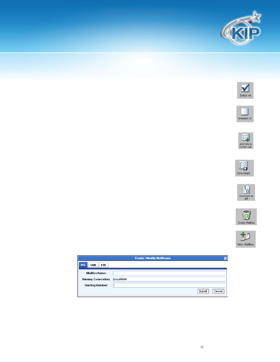 Select all, Unselect all, Add files to current job | Download, Download as .zip, Empty mailbox, Add a mailbox, Kip printnet | Konica Minolta KIP 7100 User Manual | Page 43 / 54