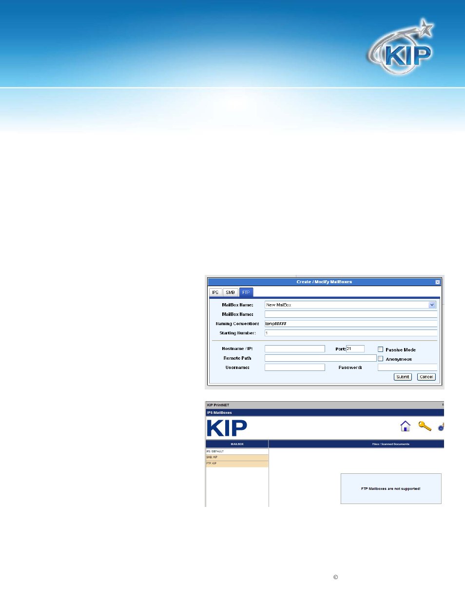 Adding smb mailboxes, Adding ftp mailbox location, Kip printnet | Konica Minolta KIP 7100 User Manual | Page 44 / 54