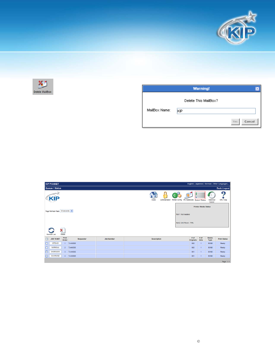 Delete a mailbox, Printer queue management, Kip printnet | Konica Minolta KIP 7100 User Manual | Page 45 / 54