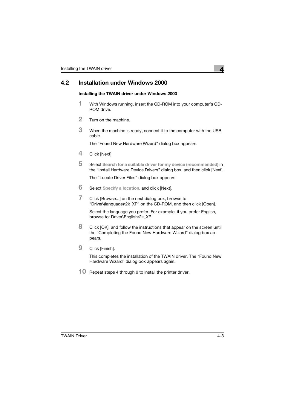 2 installation under windows 2000, Installing the twain driver under windows 2000, Installation under windows 2000 -3 | Installing the twain driver under windows 2000 -3 | Konica Minolta bizhub 160 User Manual | Page 18 / 36