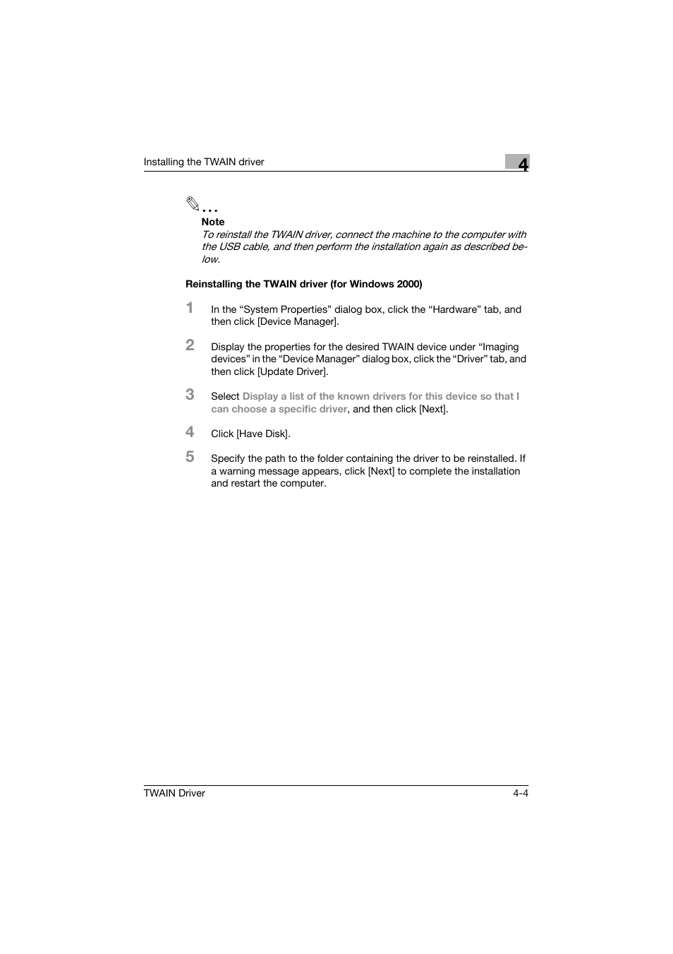 Reinstalling the twain driver (for windows 2000) | Konica Minolta bizhub 160 User Manual | Page 19 / 36