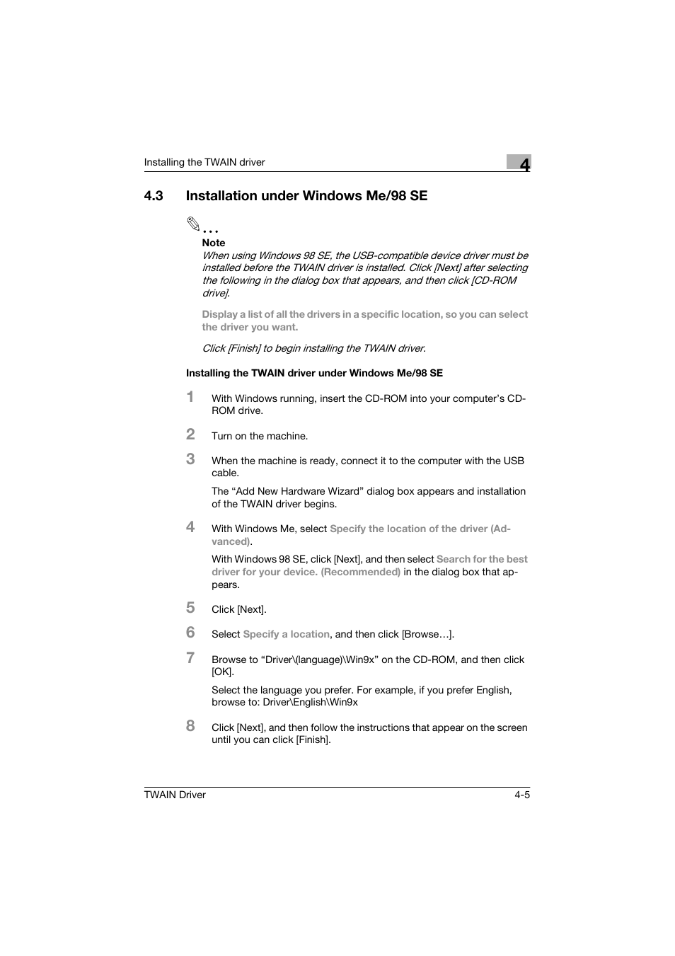 3 installation under windows me/98 se, Installing the twain driver under windows me/98 se, Installation under windows me/98 se -5 | Konica Minolta bizhub 160 User Manual | Page 20 / 36